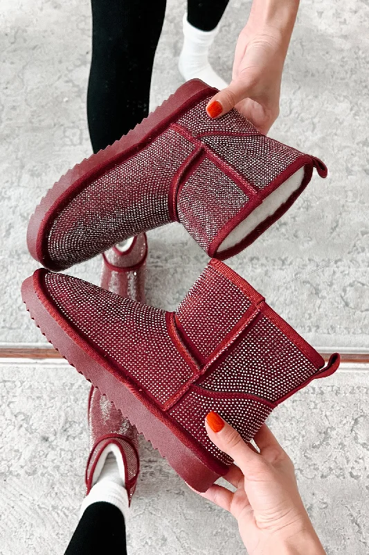 Glamorous Yet Cozy Rhinestone Ankle Booties (Burgundy)