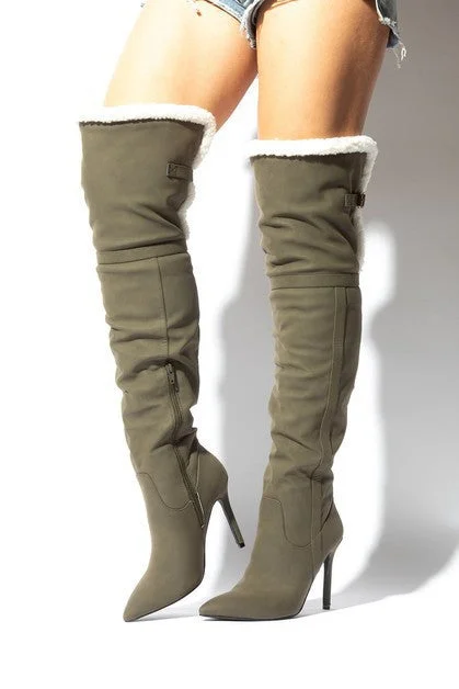 LOVE CIRCLE Olive Green Faux Fur/Nubuck Thigh High Boot