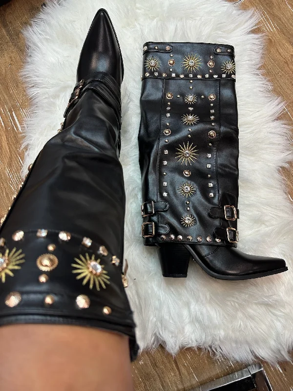 MAHMOUD Black Embellished Sleeve Cowboy Boot