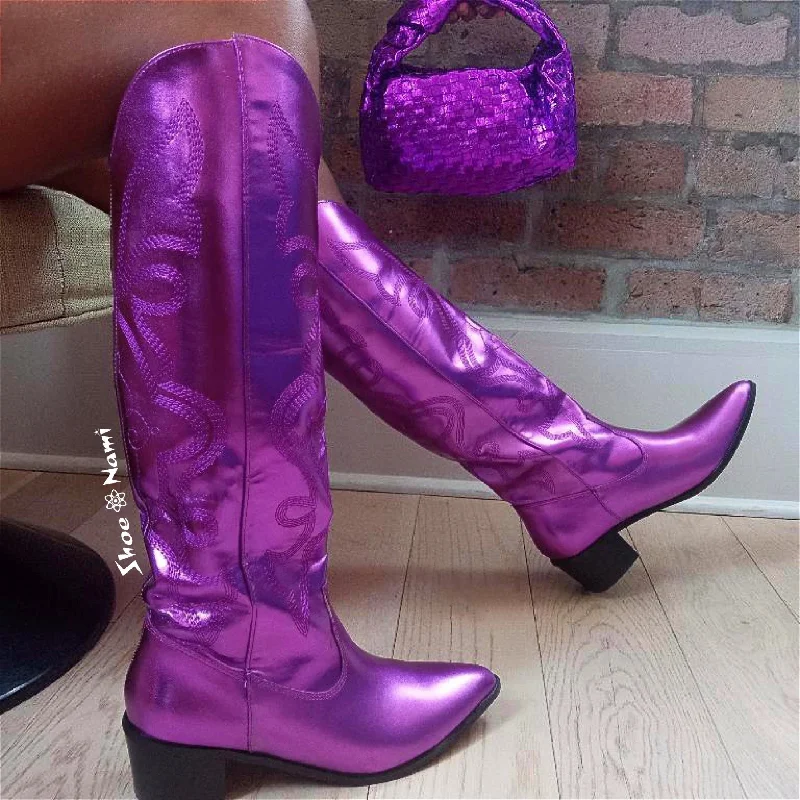 MALENA/2024 Purple Metallic Faux Leather Cowboy Boot