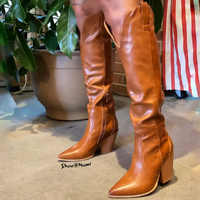 ROCK BOTTOM/2024 Tan Faux Leather Boot Knee High Cowboy