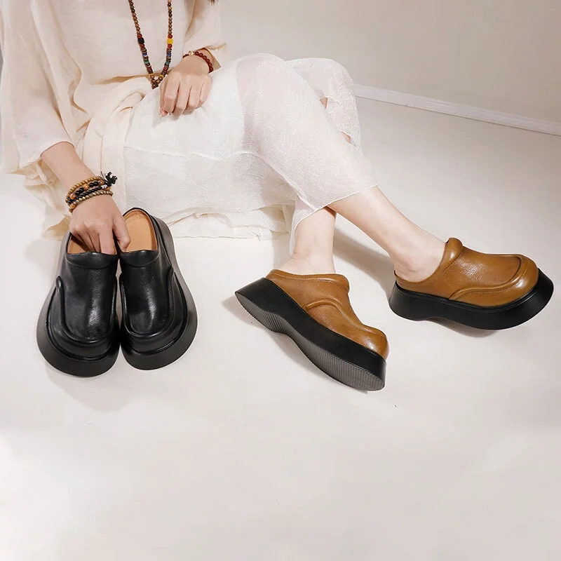 50mm Platform Slippers Leather Mules for Women Backless Loafers in Black/Khaki