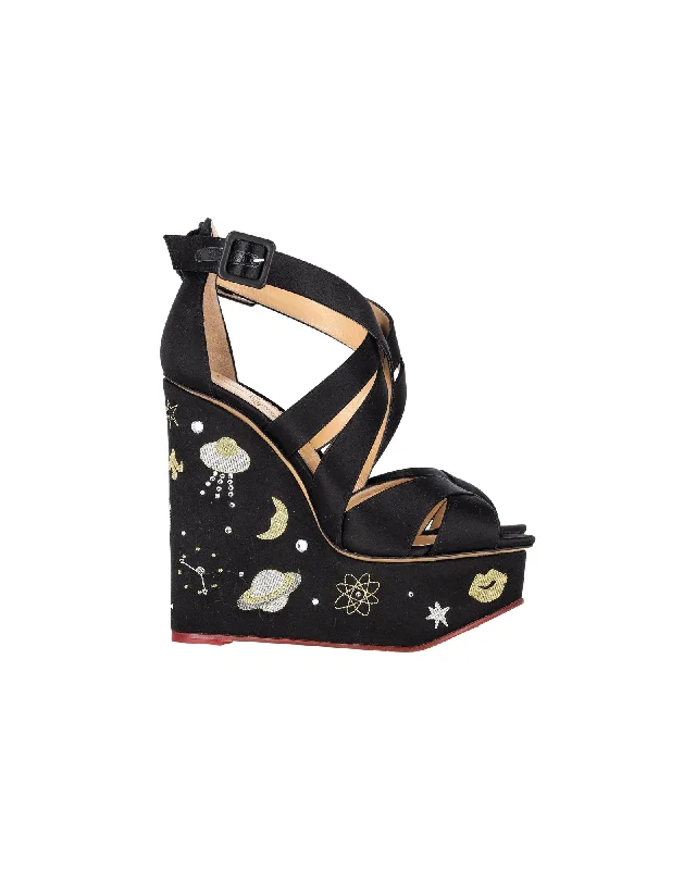 Charlotte Olympia Space Age Wedge Sandals in Black Satin