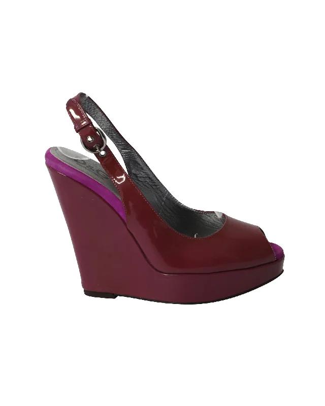 Dolce & Gabbana Slingback Peep Toe Wedges in Maroon Patent Leather