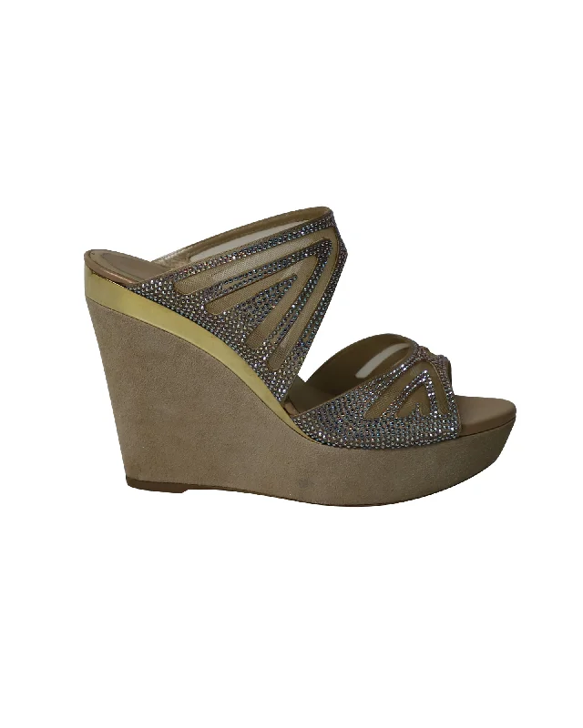 Rene Caovilla Crystal Embellished Two Band Wedge in Multicolor Suede