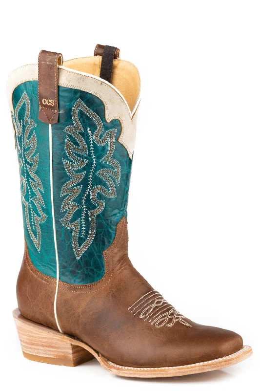 Roper Womens Ride Em Cowgirl CCS Tan/Turquoise Leather Cowboy Boots