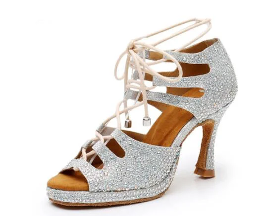 Silver Glitter Rhinestone Lace Up Samba Platform Dance High Heels