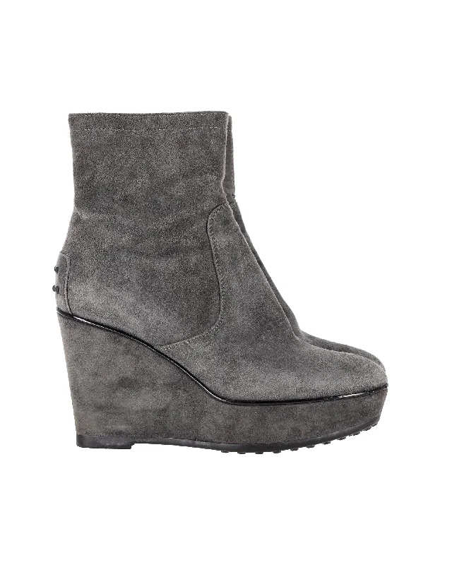 Tod's Wedge Ankle Boots in Grey Suede