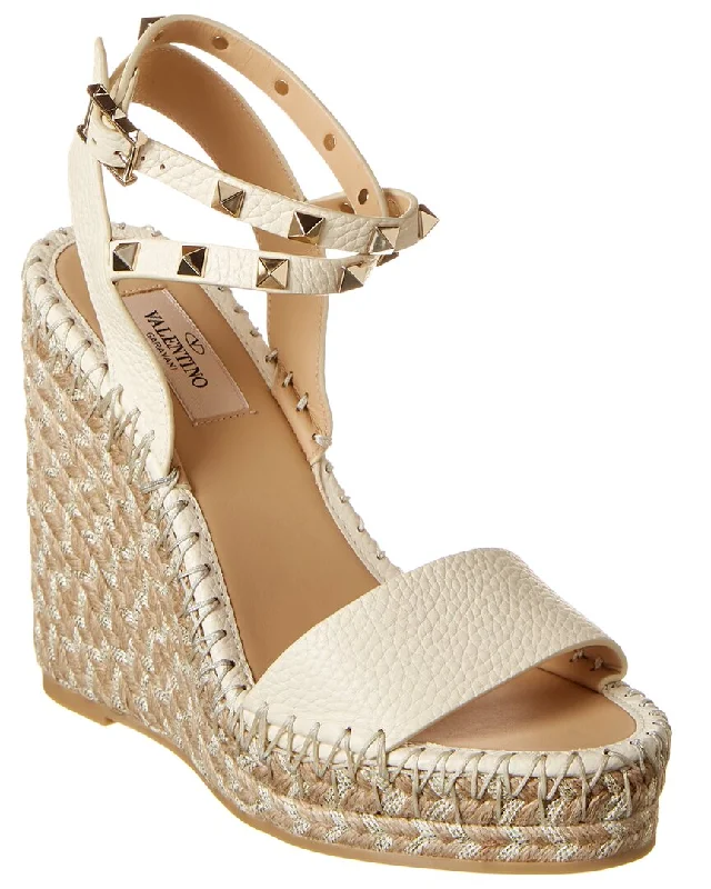 Valentino Rockstud 125 Grainy Leather Wedge Espadrille