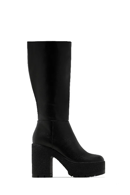 Maddie Block Heel Platform Knee High Boots - Black