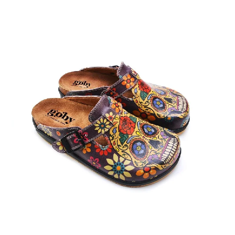 Gold & Crimson Sugar Skull Clogs - GYB301