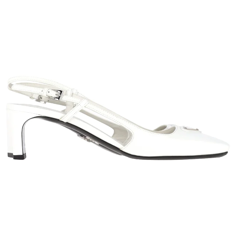 Prada Square-Toe Logo Slingbacks in White Leather